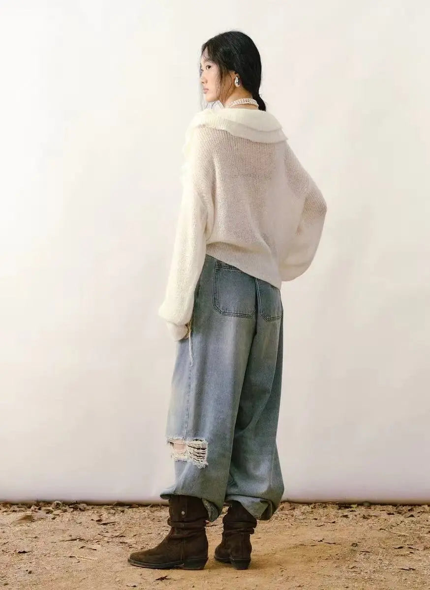 French Ruffled V-Neck Mohair Sweater - Velanocta