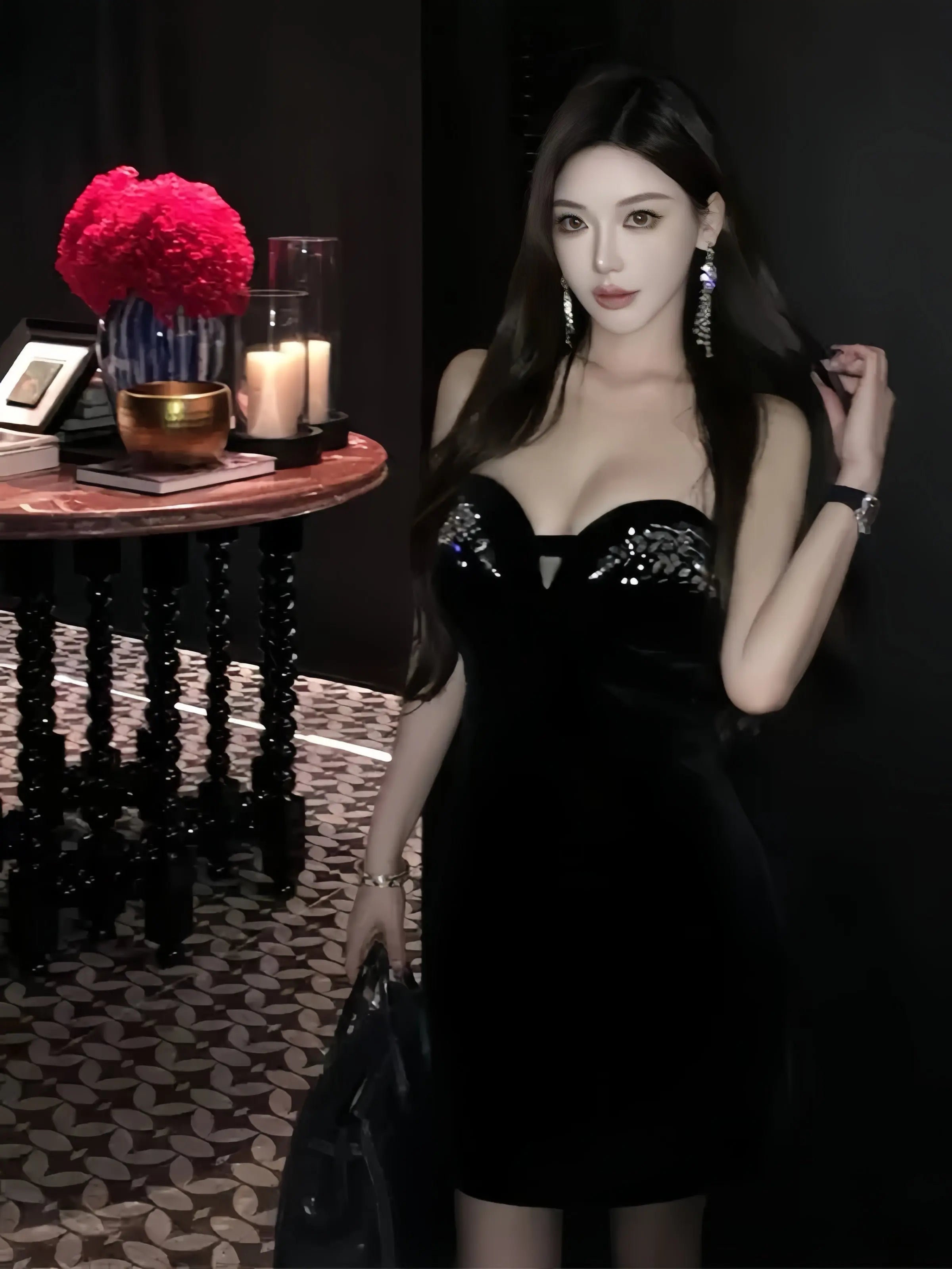 Embellished Strapless Bodycon Mini Dress - Velanocta