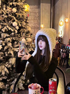 White Faux-Fur Earflap Hat + Black Knit Sweater Set