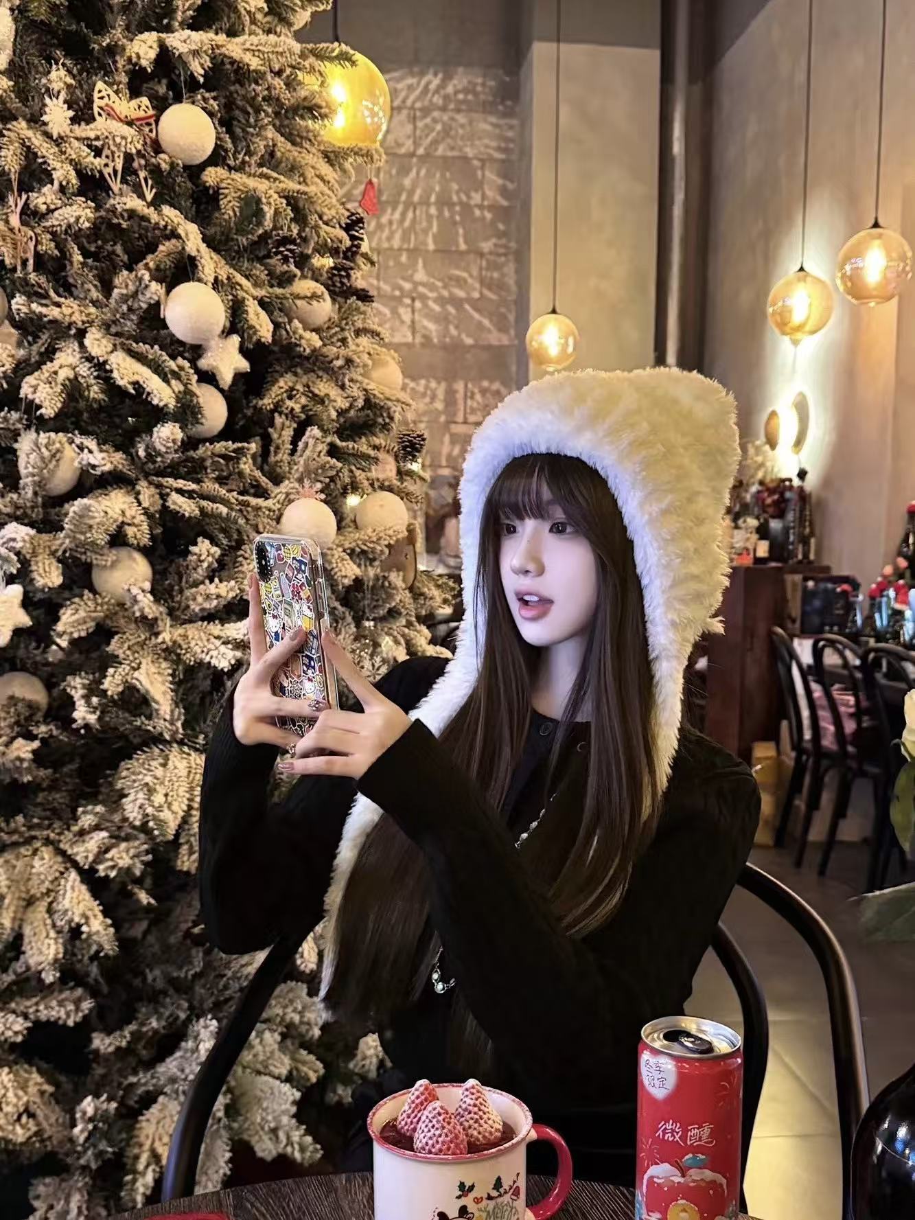 White Faux-Fur Earflap Hat + Black Knit Sweater Set