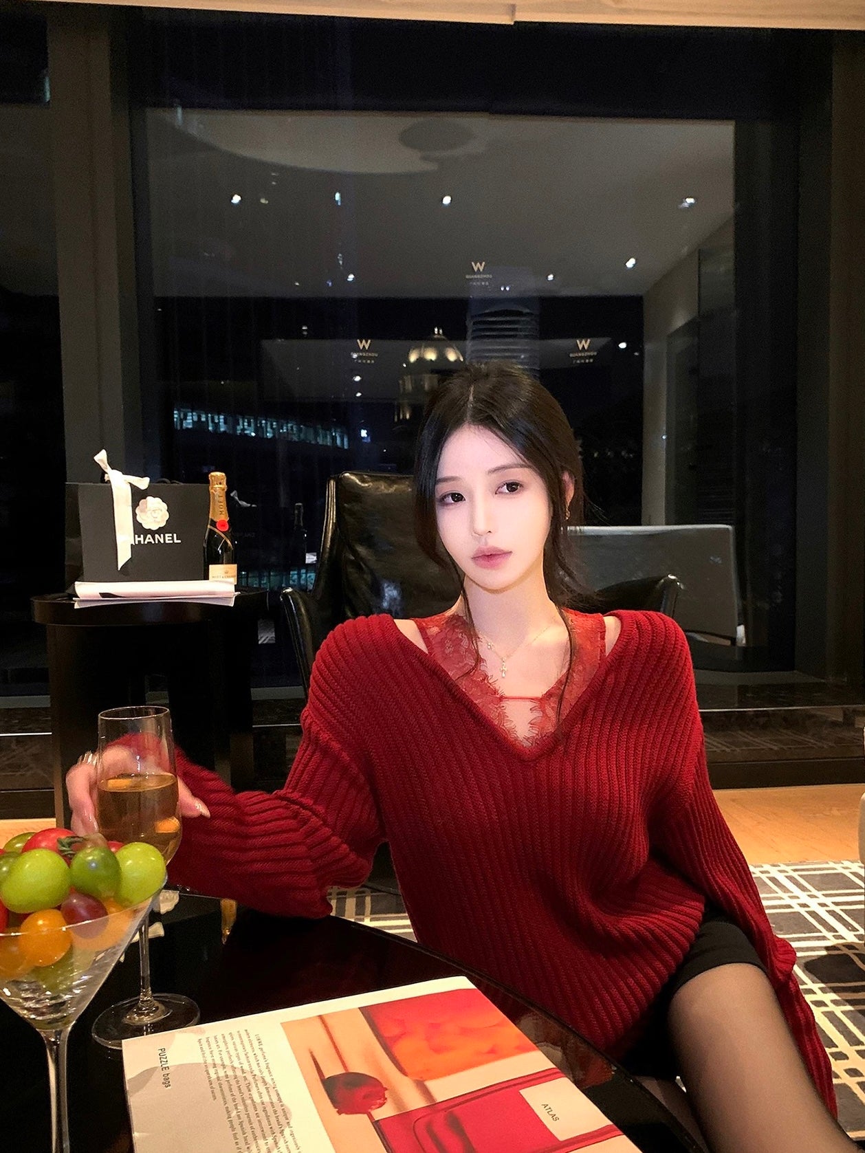 Lace-Trim Ribbed V-Neck Knit Top