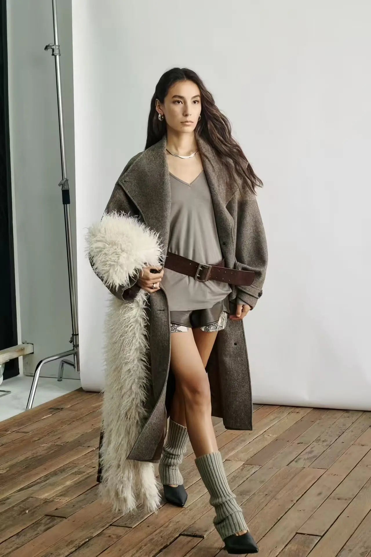 Tweed Texture Oversized Wool Coat with Suede Accents - Velanocta