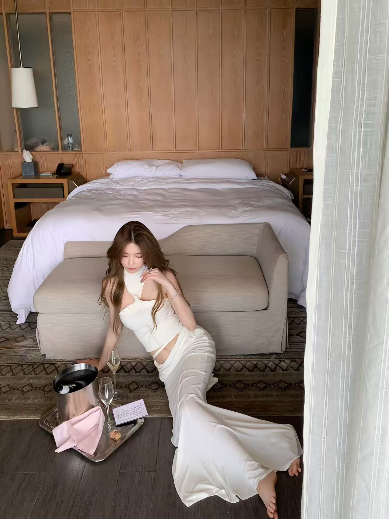 Ivory Halter Knit Top & Draped Maxi Skirt Set