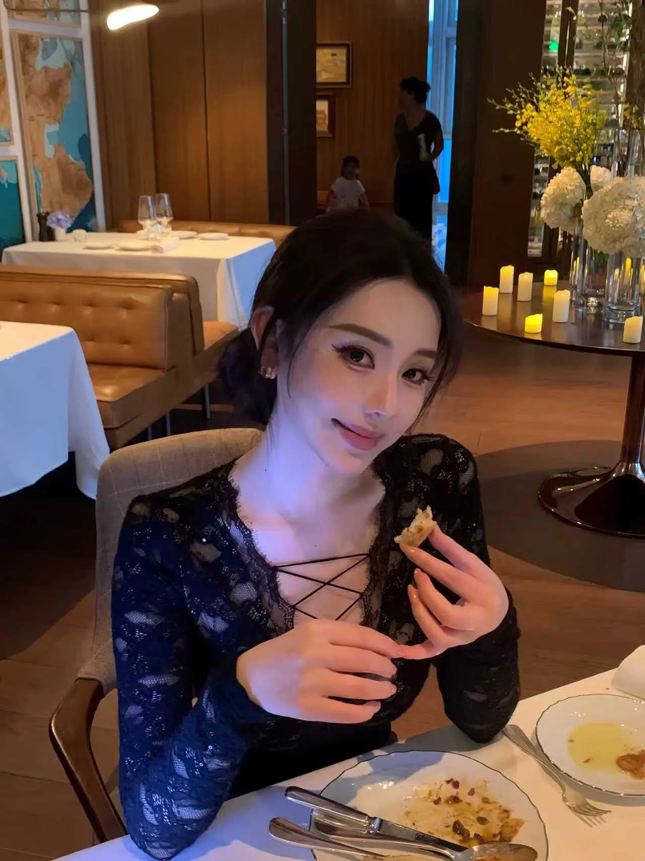 Black Lace Top with Cross Strap V Neck - Velanocta