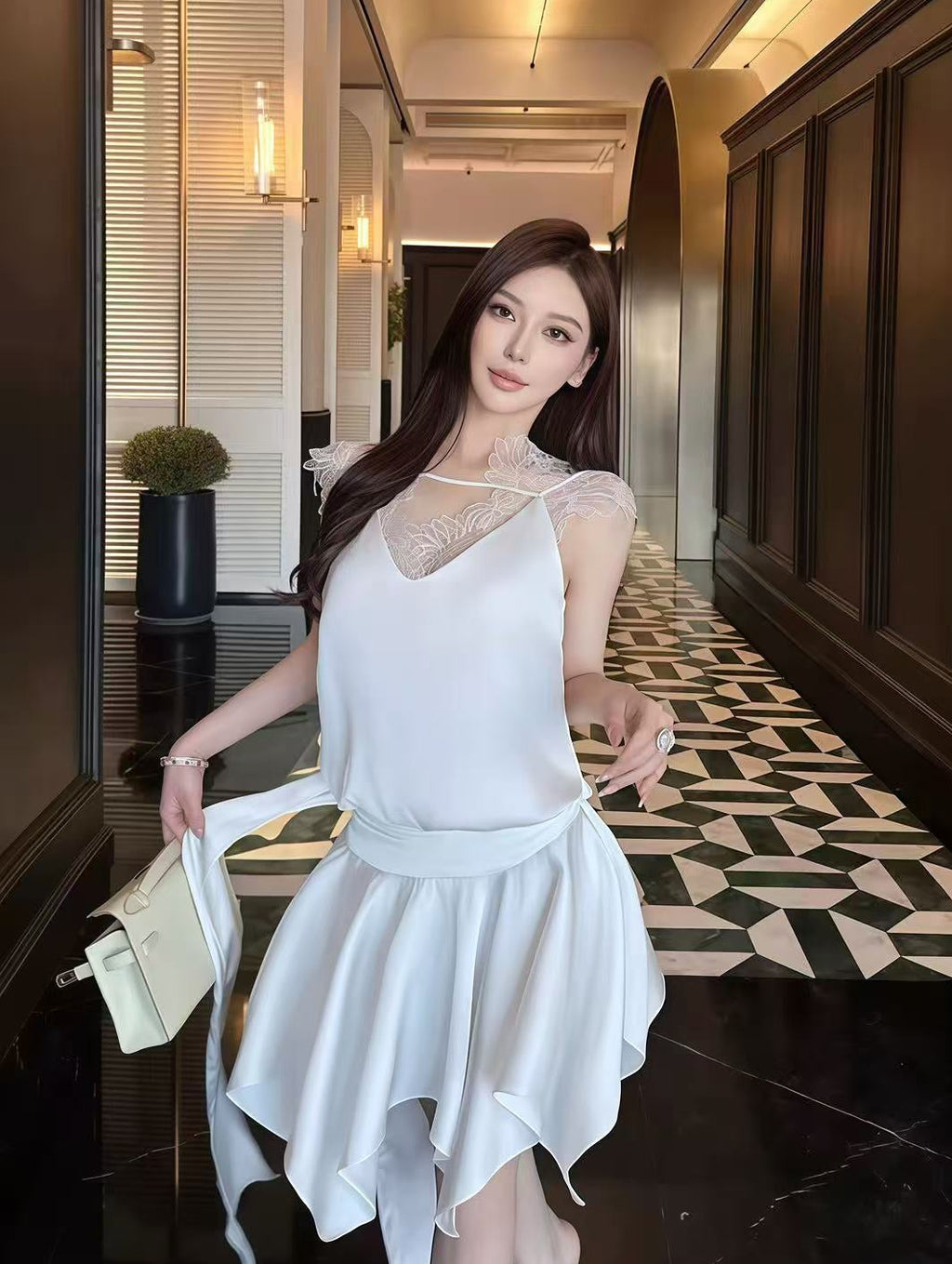 Lace Trim Satin Three-Piece Set