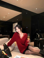 Lace-Trim Ribbed V-Neck Knit Top