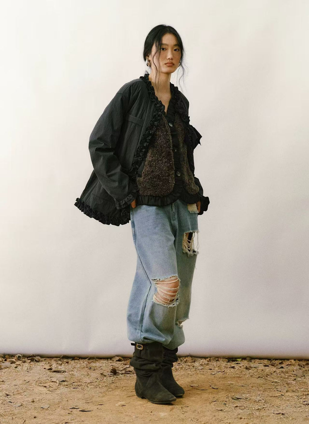 Ruffled V-Neck Quilted Cardigan Jacket