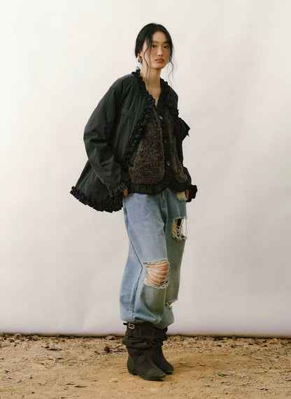 Ruffled V-Neck Quilted Cardigan Jacket