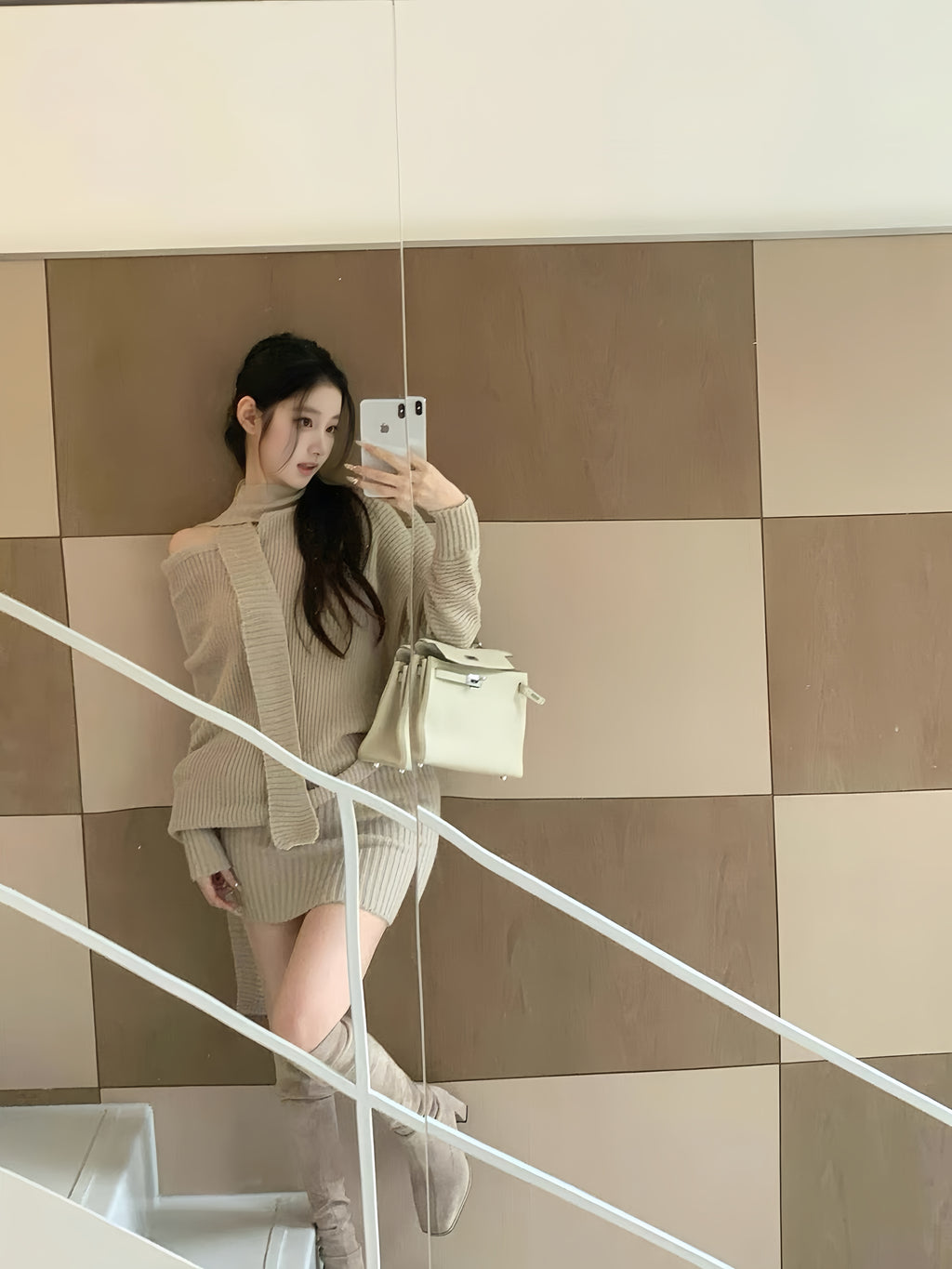 Scarf-Neck Off-Shoulder Ribbed Knit Mini Dress