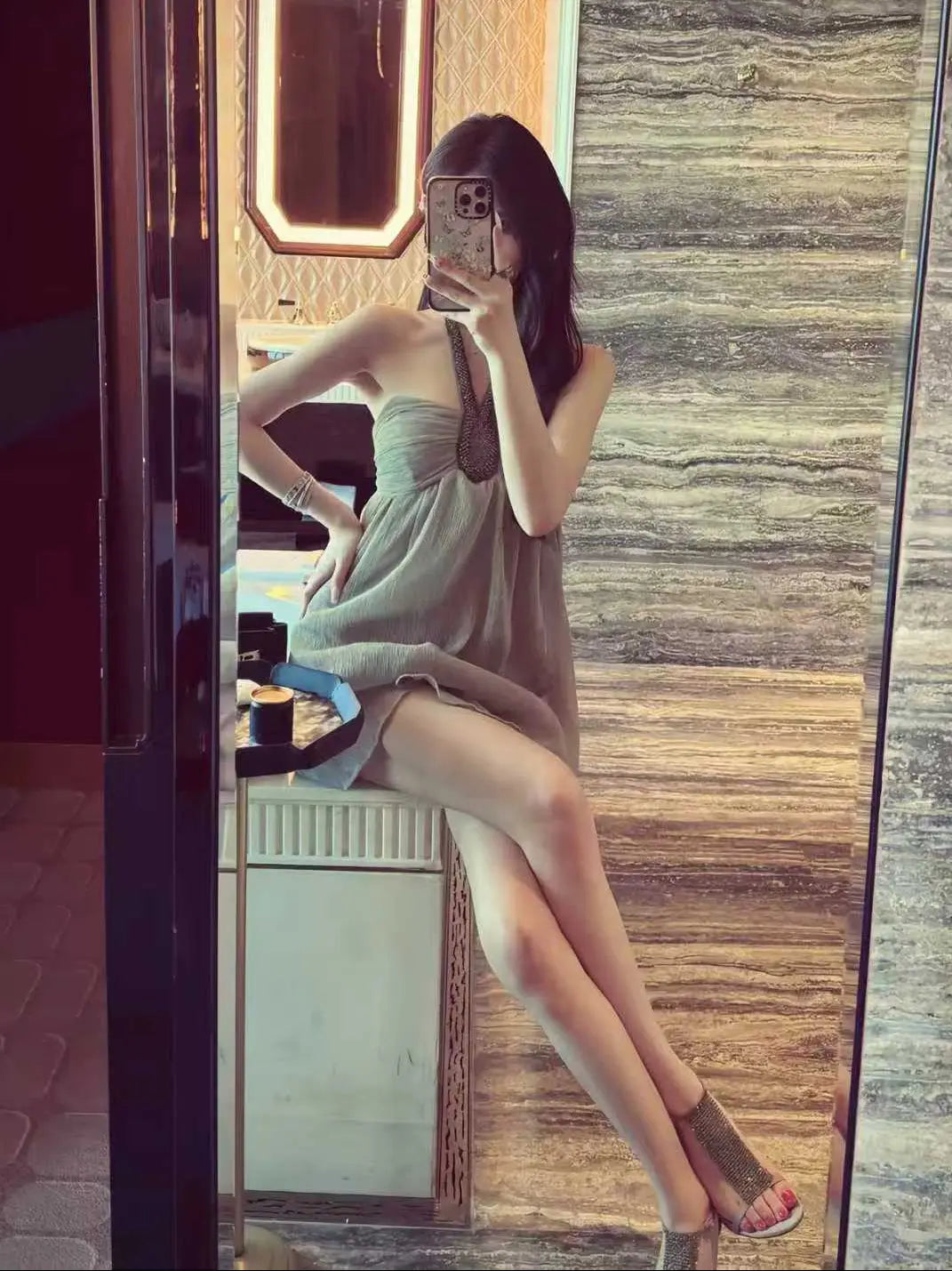 Strapless Chiffon Embellished Dress with Beaded Detail - Velanocta