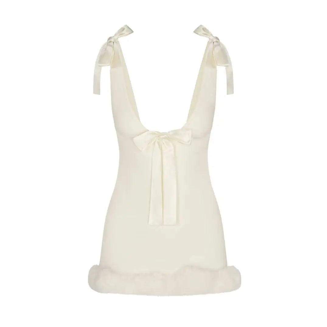 Satin Bow Strap Mini Dress – Chic Party Mini Dress with Faux-Fur Hem - Velanocta
