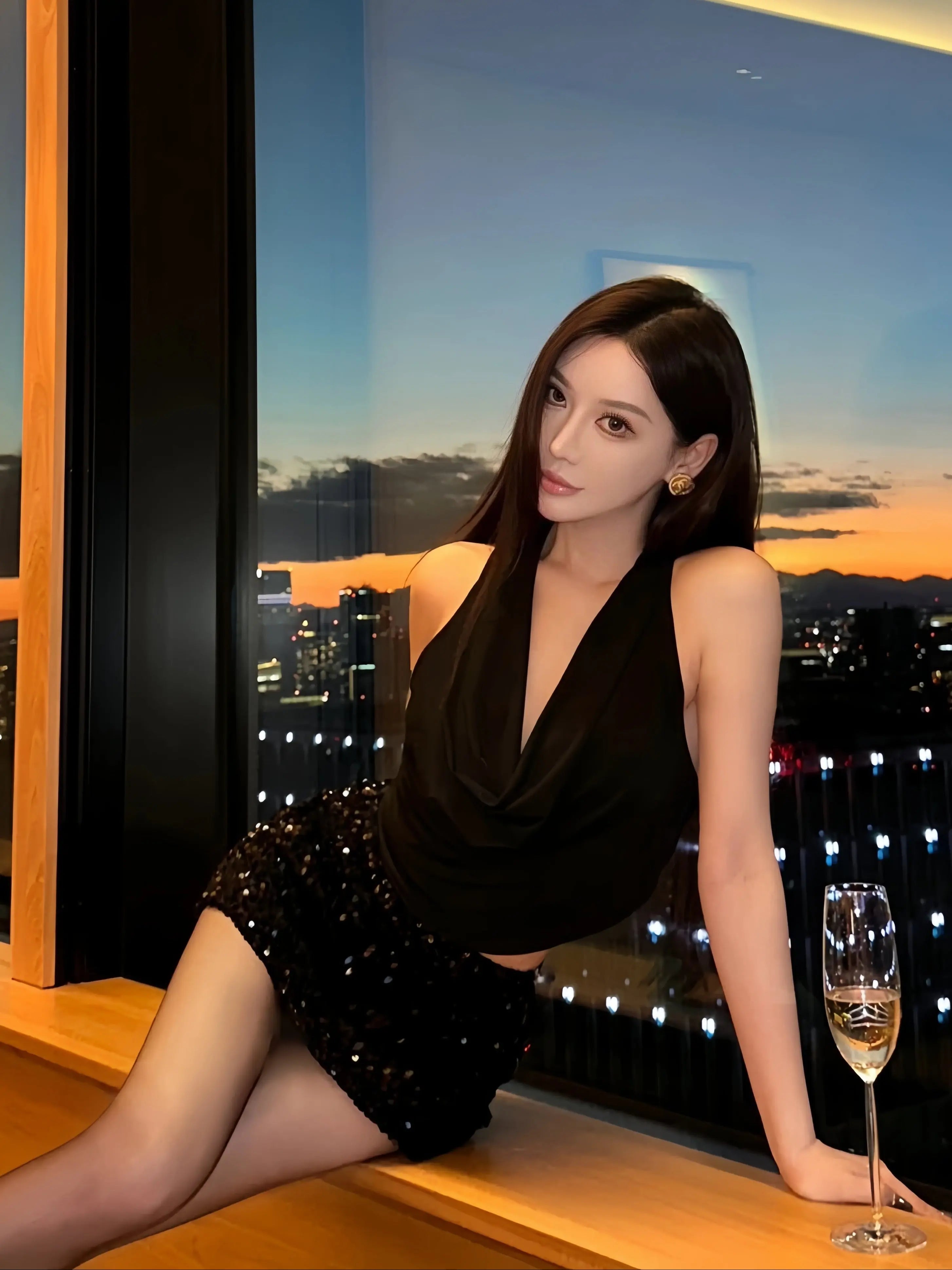 Satin Halter Top & Sequin Mini Skirt Set - Velanocta