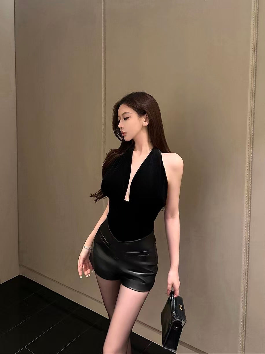 Velvet Deep-V Halter Tank Top
