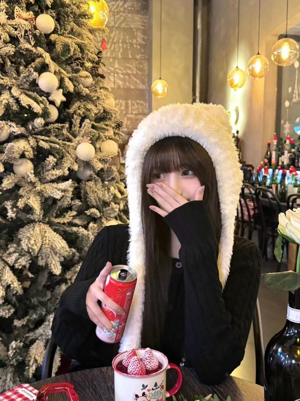 White Faux-Fur Earflap Hat + Black Knit Sweater Set