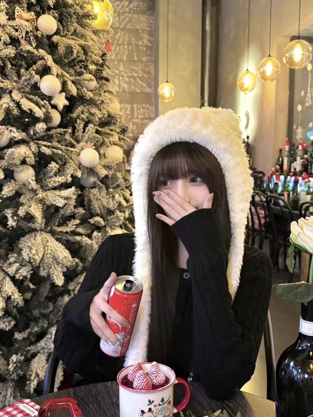 White Faux-Fur Earflap Hat + Black Knit Sweater Set