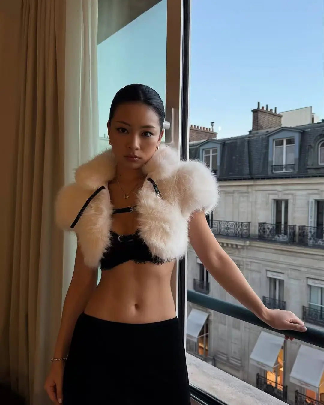 Ivory Faux Fur Cropped Cape Jacket - Velanocta