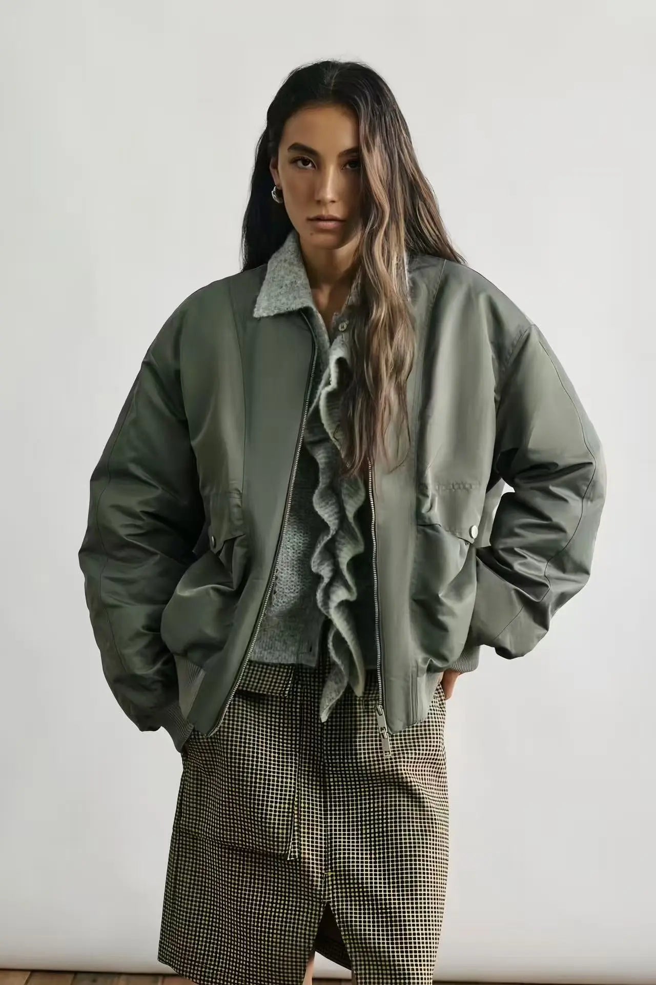 Olive Green Nylon Collarless Down Bomber Jacket - Velanocta