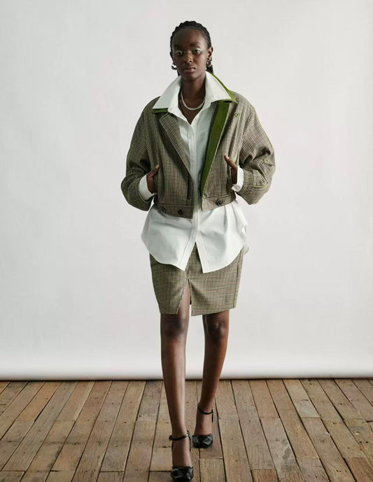 Cropped Houndstooth Jacket with Contrast Faux-Leather Collar