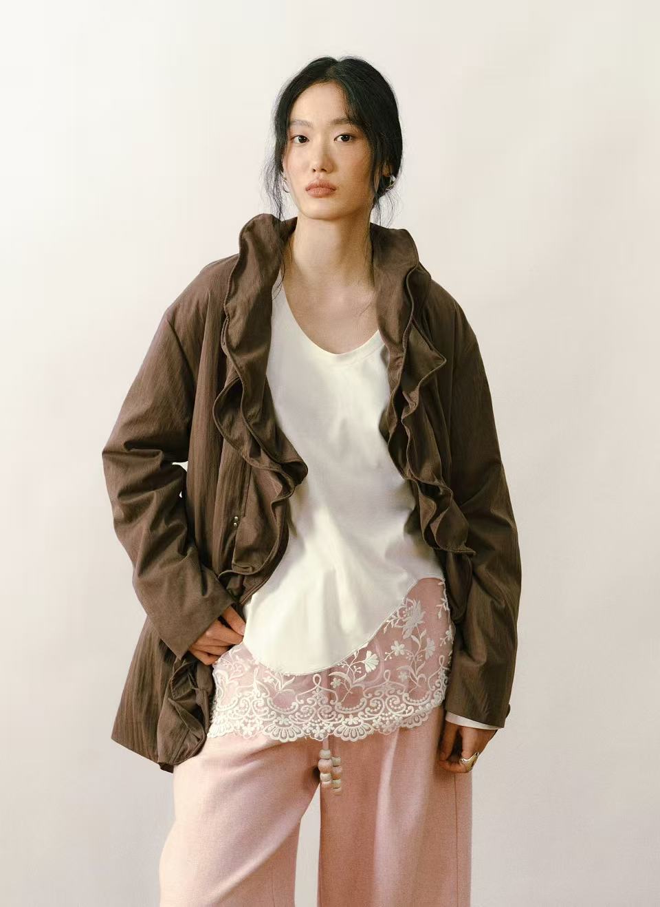 Ruffle-Trim Lightweight Down Jacket