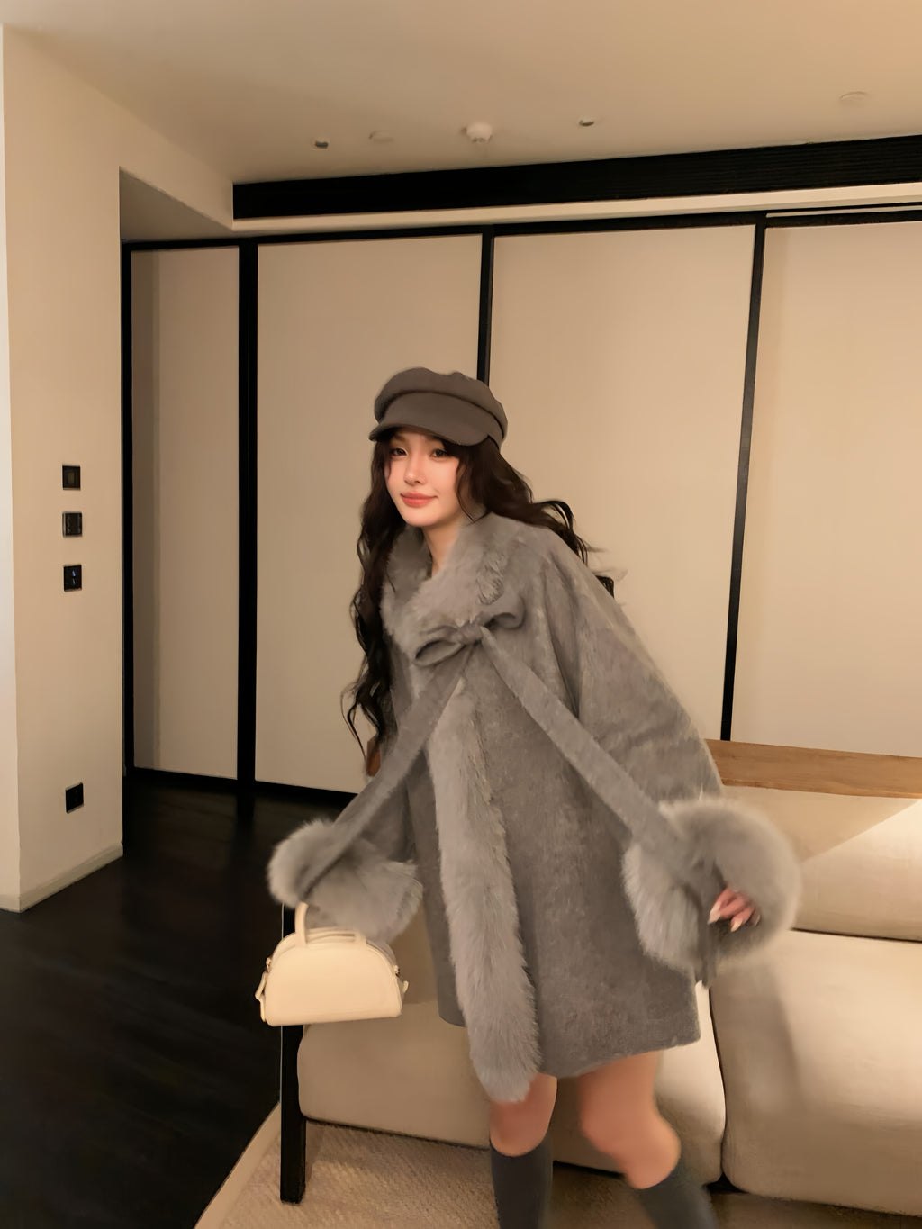 Fox Fur Trim Wool Cape Coat
