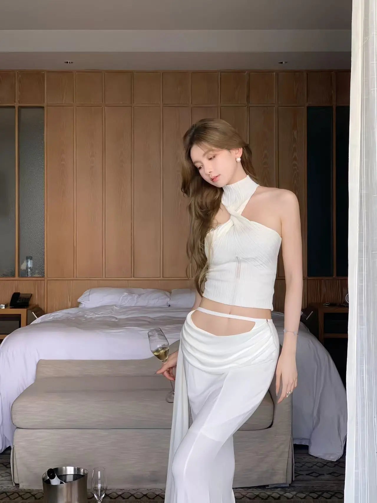 Ivory Halter Knit Top & Draped Maxi Skirt Set - Velanocta