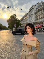 Off-Shoulder Wide-Collar Belted Trench Jacket & Midi Skirt Set