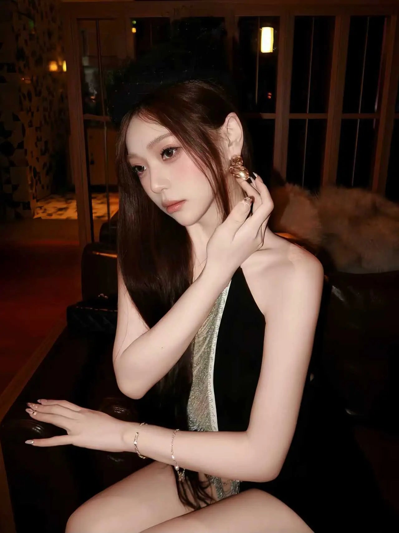 Sexy Black Halter Neck Dress with Metal Chain Fringe - Velanocta