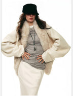 Cream Faux-Fur Collar Batwing Wool Coat