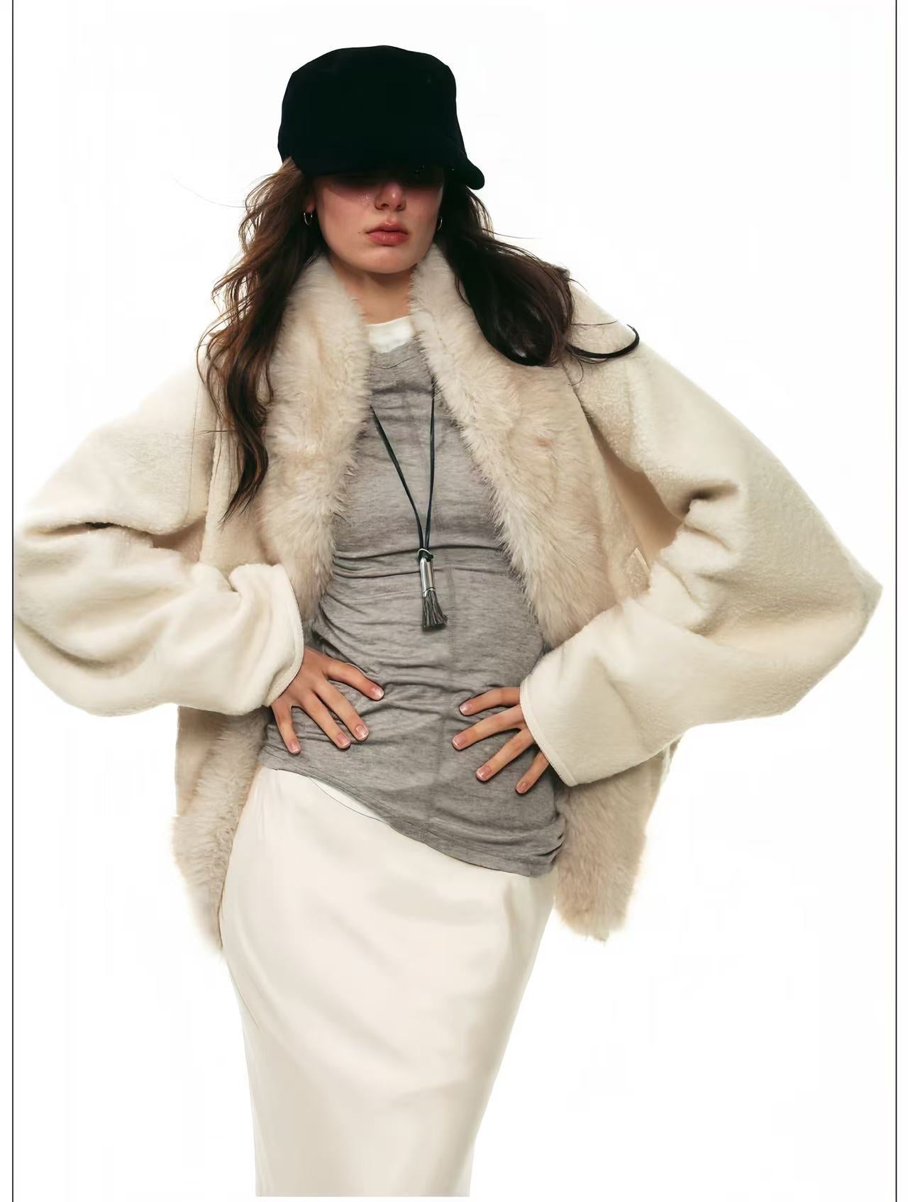 Cream Faux-Fur Collar Batwing Wool Coat