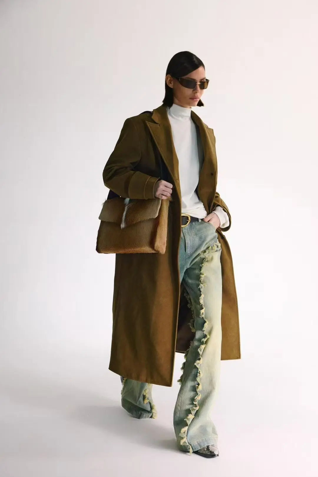 Structured Olive Brown Long Suede Coat with Padding - Velanocta