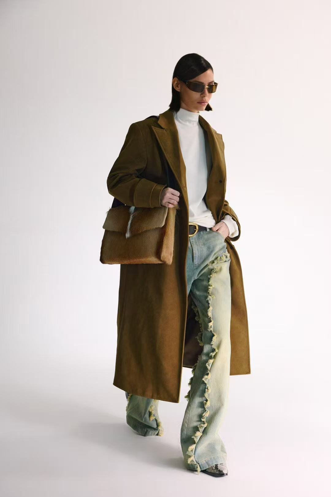 Brown Suede Notched-Lapel Long Coat