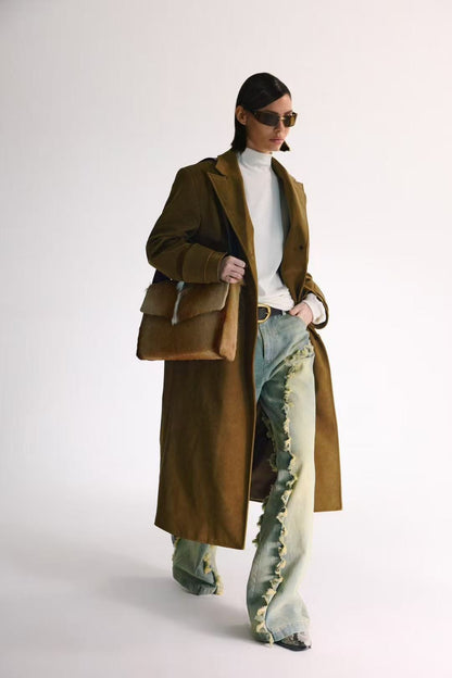Brown Suede Notched-Lapel Long Coat