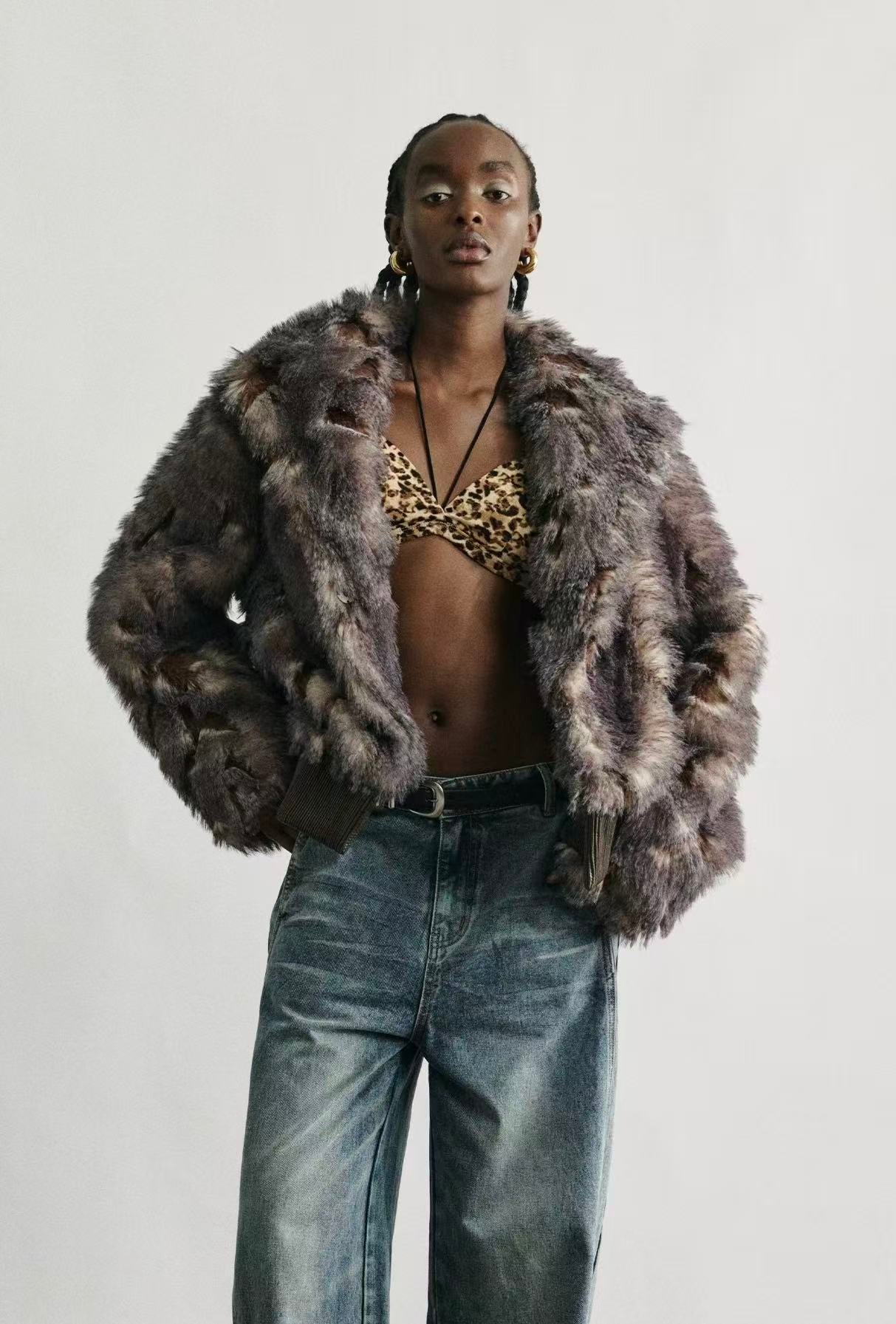 Contrast Faux Fur Collar Plush Jacke