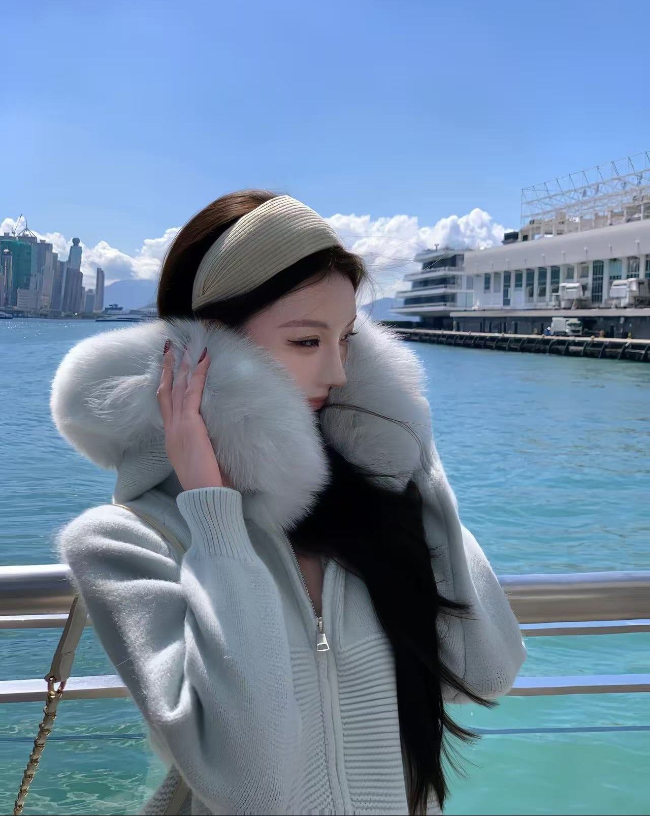 Fur-Trim Hooded Knit Top