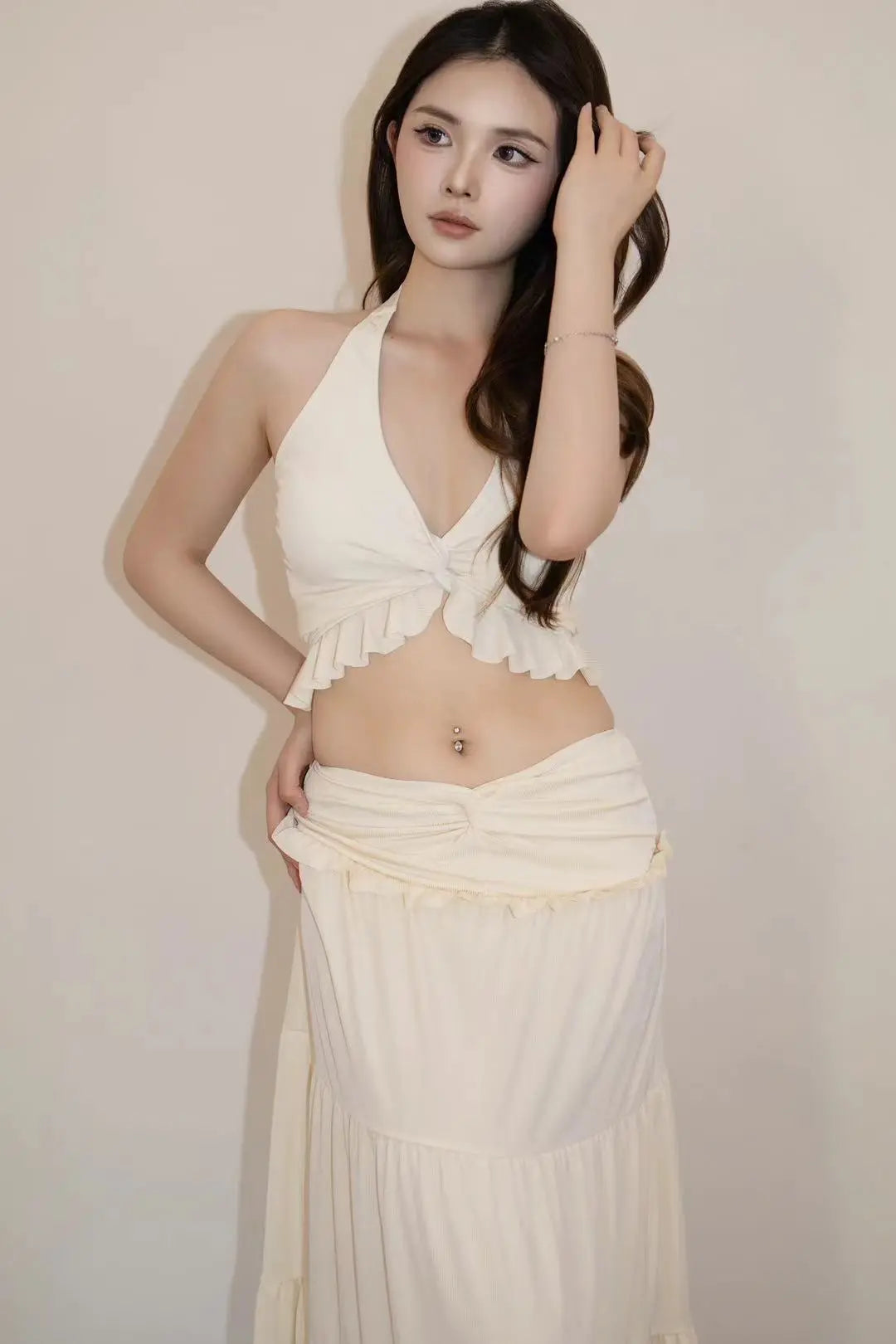 Ivory Ruffle Halter Skirt Set - Velanocta