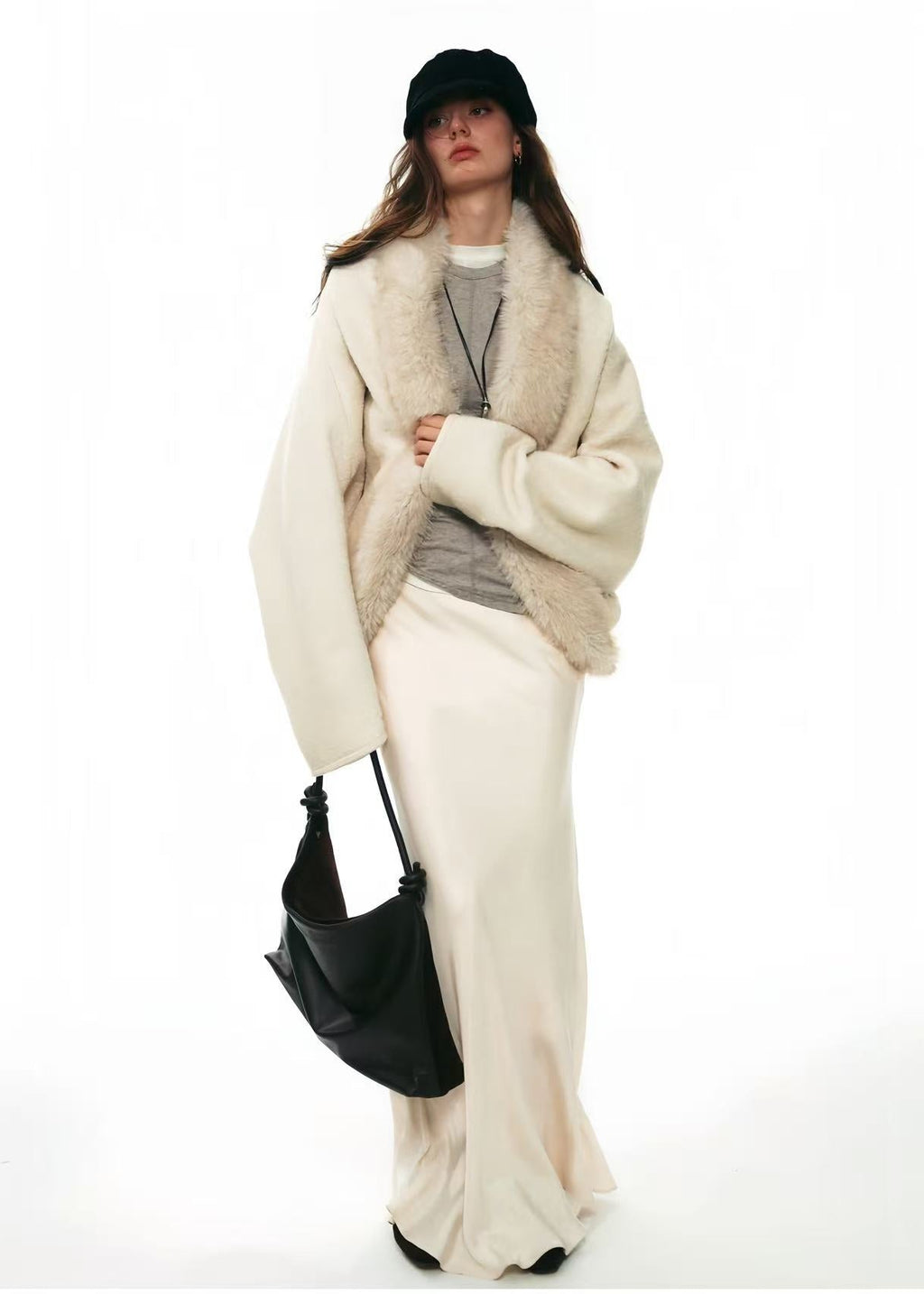 Cream Faux-Fur Collar Batwing Wool Coat