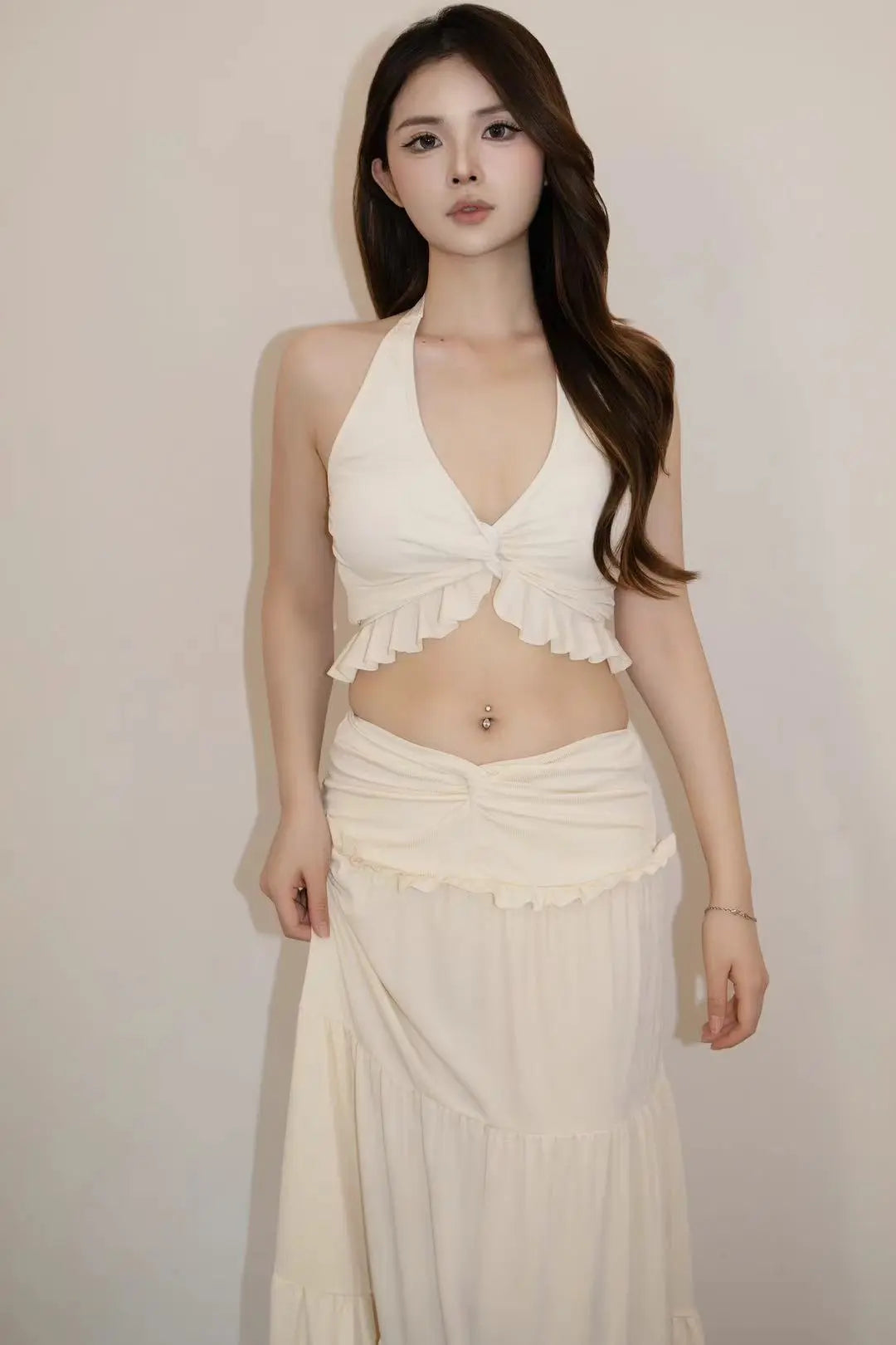 Ivory Ruffle Halter Skirt Set - Velanocta