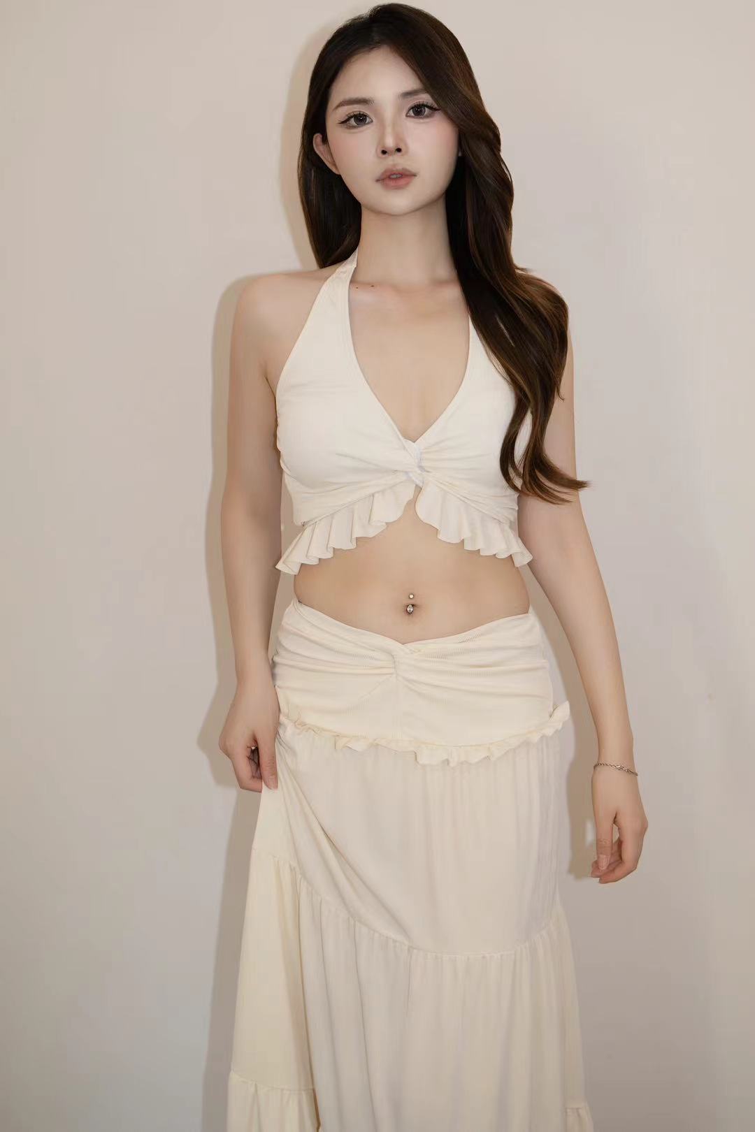 Ivory Ruffle Halter Top & Skirt Set