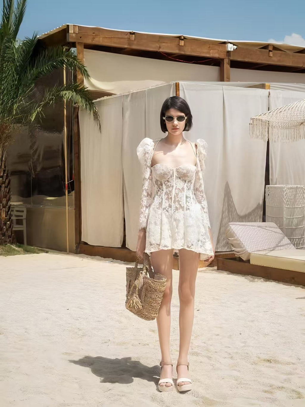 Lace Corset Mini Dress with Puff Sleeves