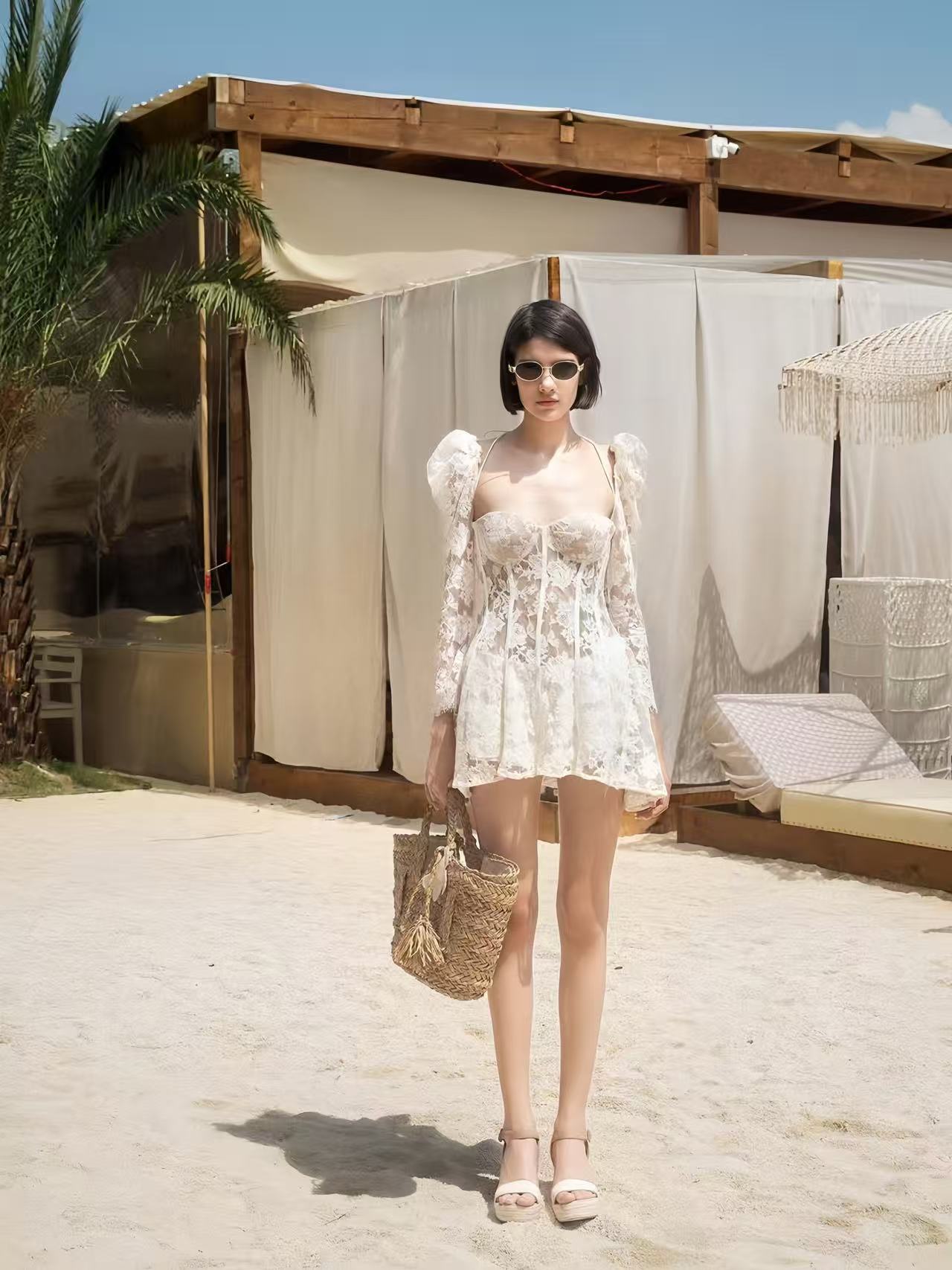 Lace Corset Mini Dress with Puff Sleeves