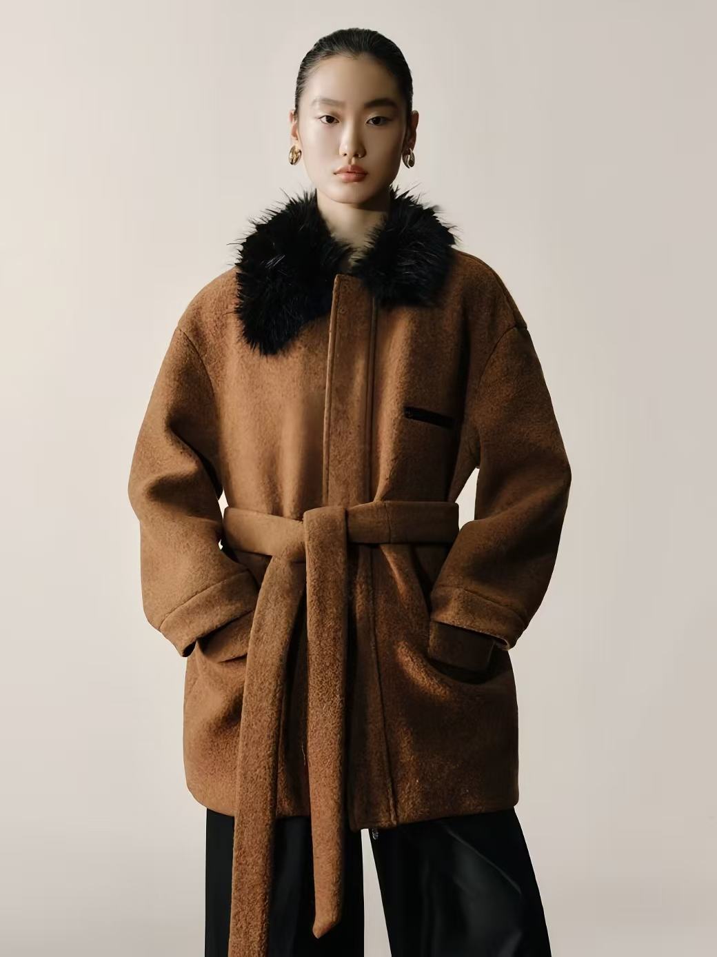 Wool Belted Coat with Faux Fur Collar