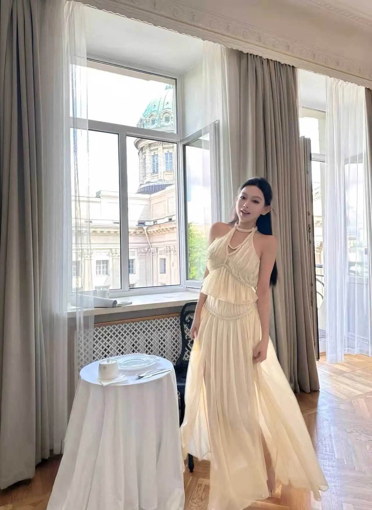 Elegant Halter Neck Ruffle Top & High-Waist Maxi Skirt Set - Velanocta