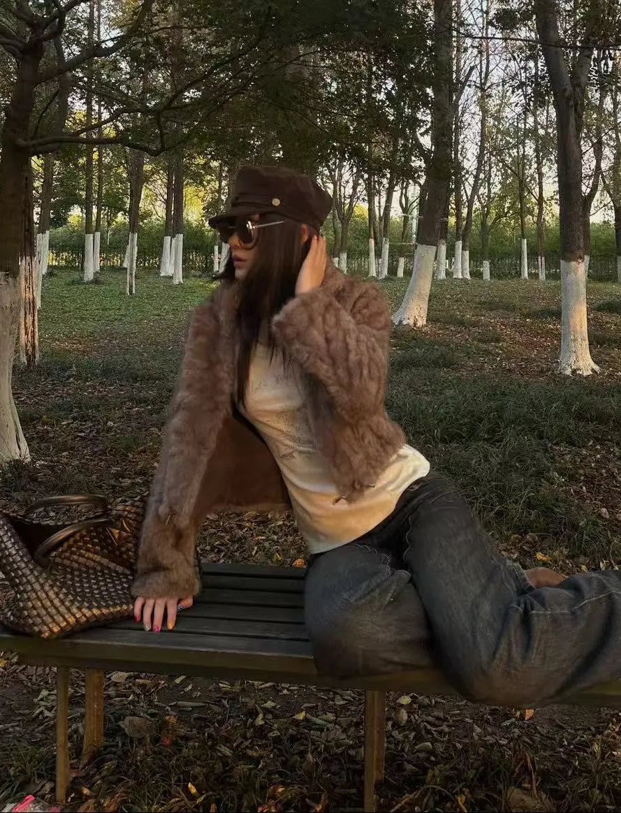 Velvet-Feel Faux Rabbit Fur Jacket - Velanocta