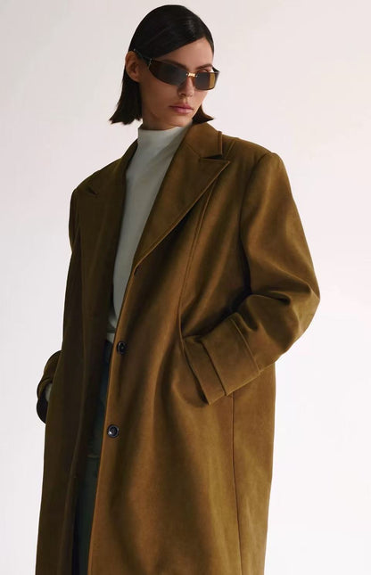 Brown Suede Notched-Lapel Long Coat
