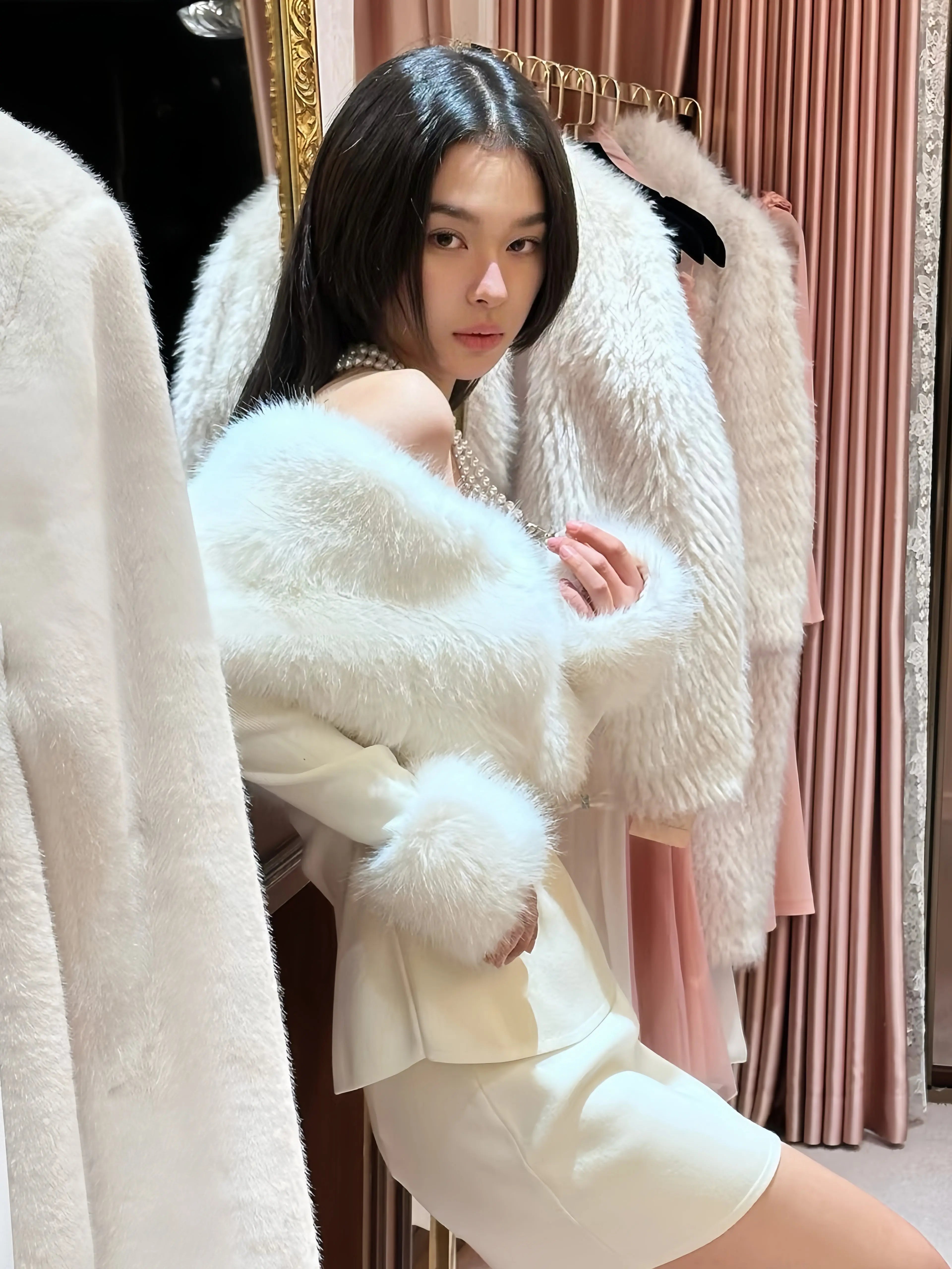 White Off-Shoulder Faux Fur Skirt Set - Velanocta