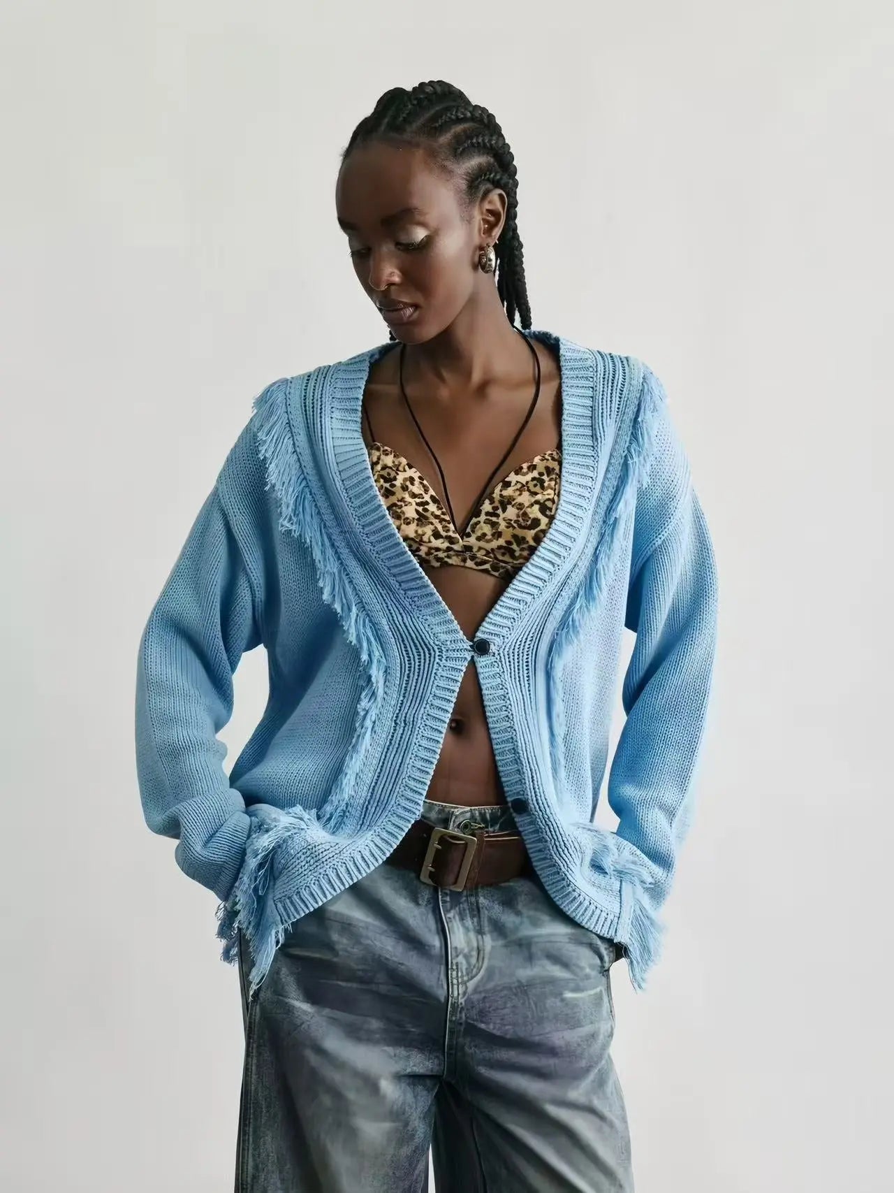 Cotton Blend Fringe Knit Cardigan - Velanocta