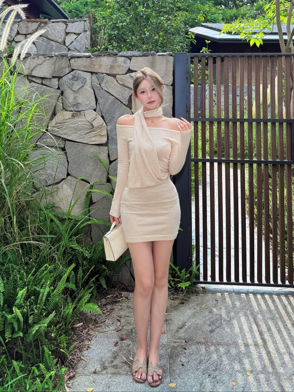 Off-Shoulder Drape-Detail Knit Bodycon Dress