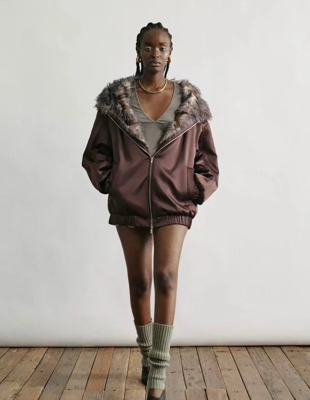 Hooded Faux Fur Panel Jacket - Velanocta