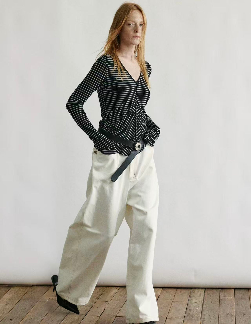 Merino Twist-Front Striped Knit Top