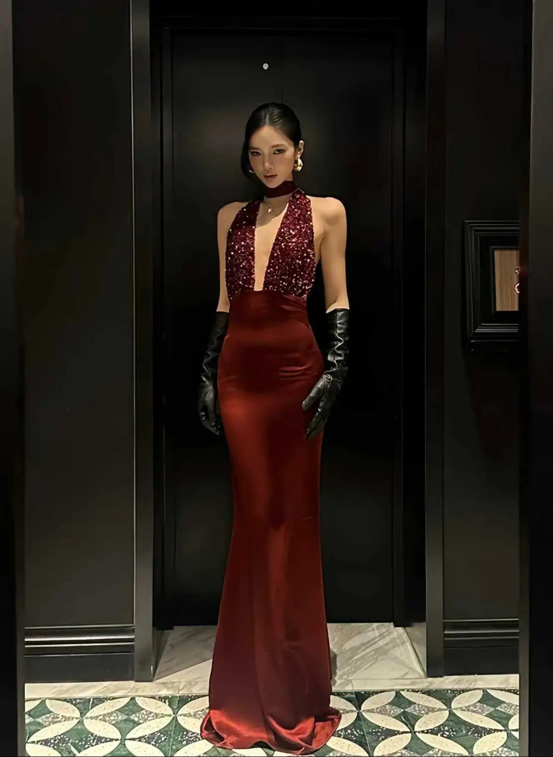Burgundy Dress Sequin Halter Satin Mermaid - Velanocta
